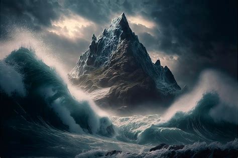 Premium Photo | A painting of a mountain in the ocean