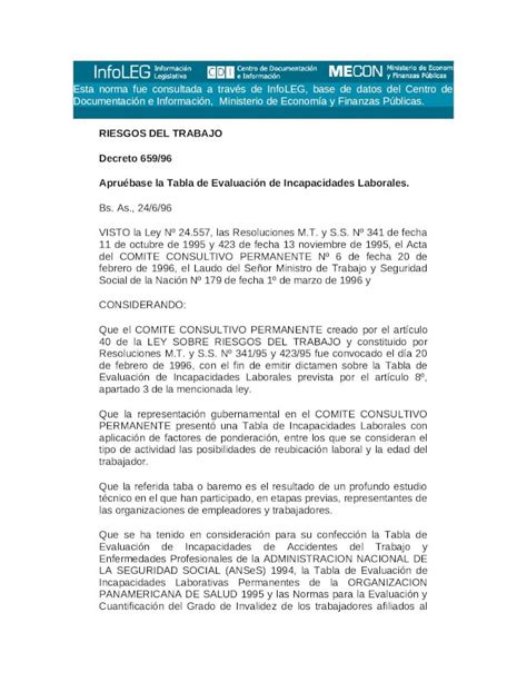 DOCX Tabla de Evaluación de Incapacidades Laborales DECRETO 659 de