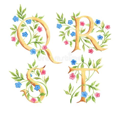 Hand Drawn Watercolor Alphabet With Flowers Monograms Stock Illustration Illustration Of