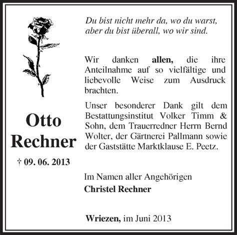 Traueranzeigen von Otto Rechner Märkische Onlinezeitung Trauerportal