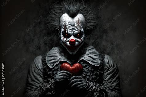 Creepy valentines day clown with a red heart balloon, horror dark ...