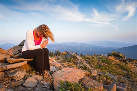 Woman Top Mountain Praying Stock Photos Free Royalty Free Stock