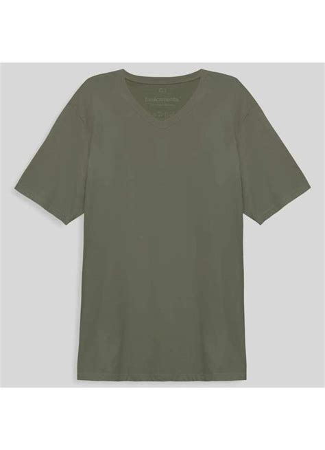 Camiseta Algodão Premium Gola V Masculina Verde Militar Basicamente