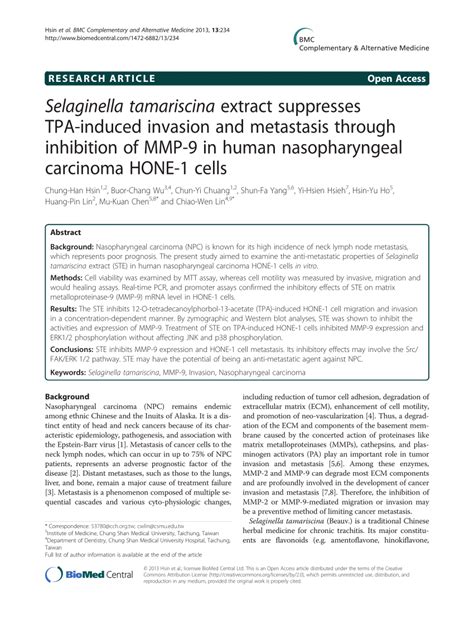 Pdf Selaginella Tamariscina Extract Suppresses Tpa Induced Invasion