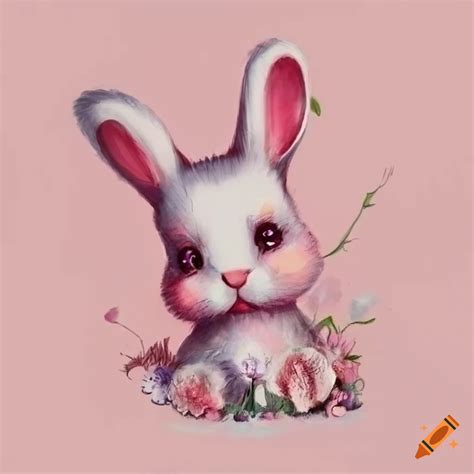 Drawing Of A Cute Bunny With Flowers