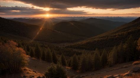 Premium AI Image | Sunset over a mountain valley with pine trees and ...