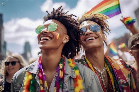 Happy Generative Ai Couple At Lgbtq Gay Pride Parade In New York Usa Love And Diversity In