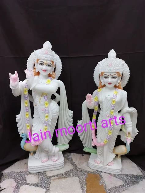 Painted Hindu White Radha Krishna Marble Statue For Worship Size