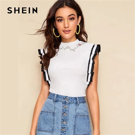 Shein Cute White Frilled Armhole Flower Embroidered Tee T Shirt Women