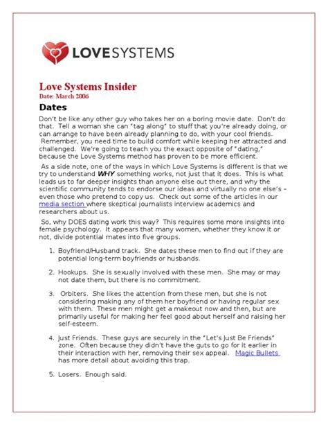 Love Systems Insider: Guide To Dates & Dating PART 1 | PDF | Psychology ...