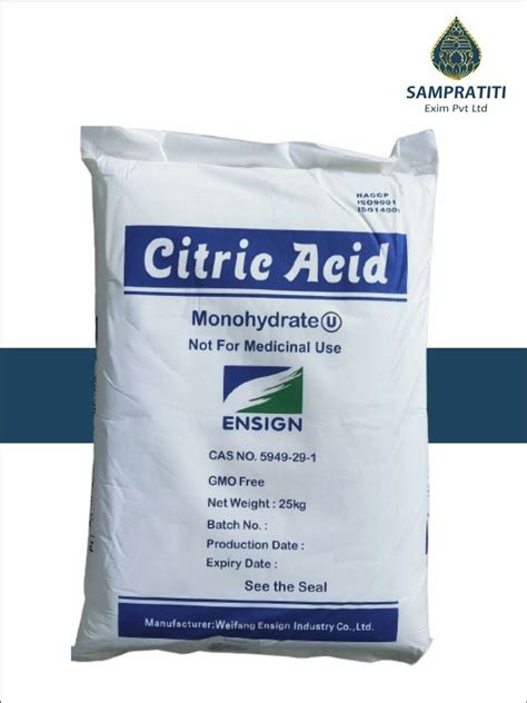 Powder 25 Kg Ensign Citric Acid Monohydrate For Food And Beverages Packaging Type Bag Packing