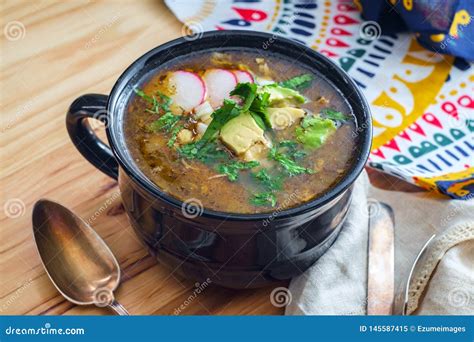 Mexican Pozole Soup stock image. Image of radish, chicken - 145587415