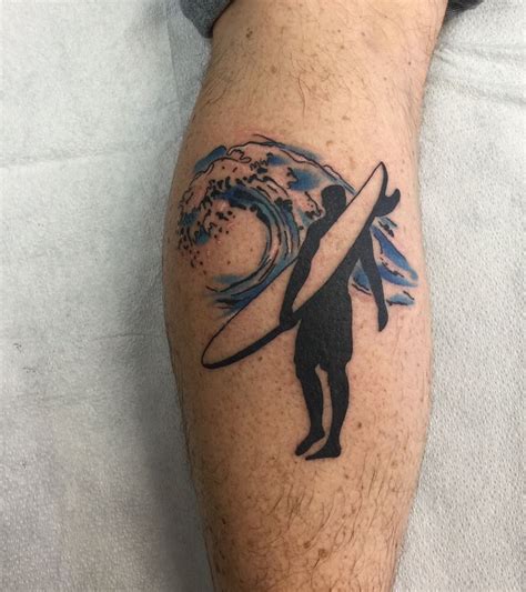 Calf Tattoo Of Surfer And Wave Surf Tattoo Tattoos For Guys Small