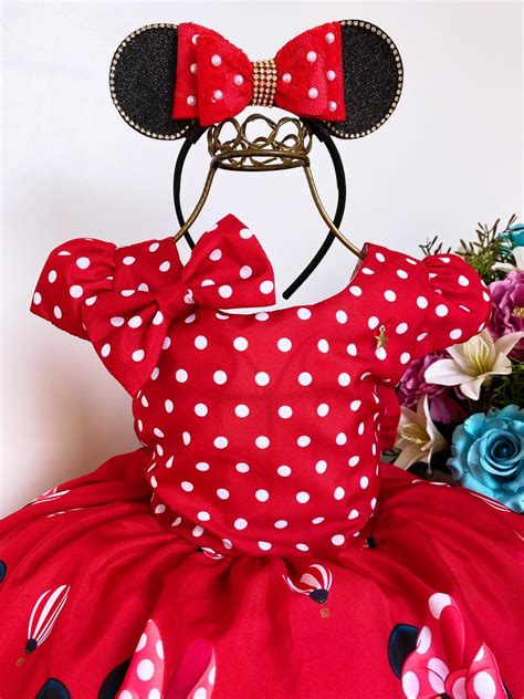 Vestido Infantil Minnie Vermelha Bolinhas Brancas Laço Rosa