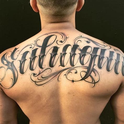 Last Name Old English Back Tattoos For Men