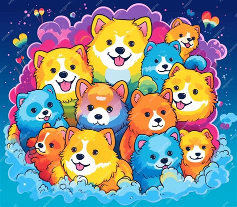 Premium Photo | Cartoon dogs in the clouds with hearts and rainbows