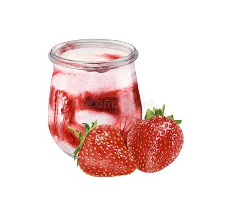 Watercolor Illustration Of Yogurt With Strawberry Isolated On White