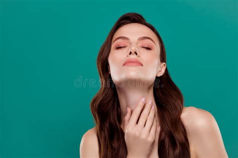 Photo Of Adorable Seductive Woman Nude Shoulders Hand Neck Closed Eyes Empty Space Green Color