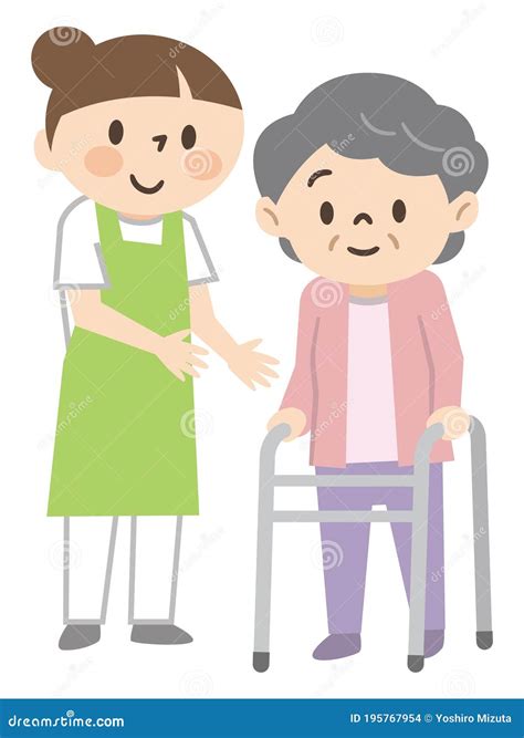 Young Female Caregiver Assisting With A Senior Woman Using A Walker