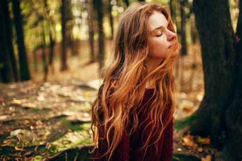 Long Hair Depth Of Field Redhead Women Forest Closed Eyes Face