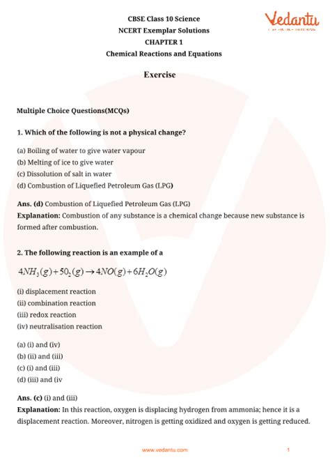 Ncert Exemplar For Class 10 Science Chapter 1 Chemical Reactions And Equations Book Solutions