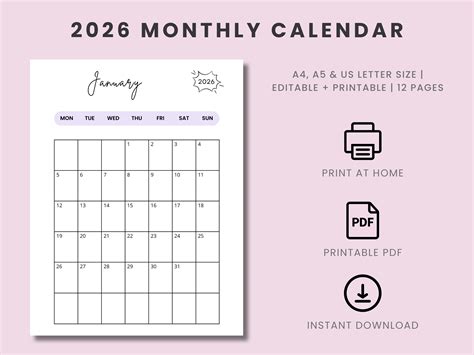 printable monthly calendar  template graphic  squeak shops