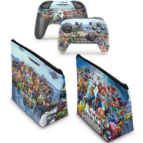 Kit Capa Case E Skin Nintendo Switch Pro Controle Super Smash Bros