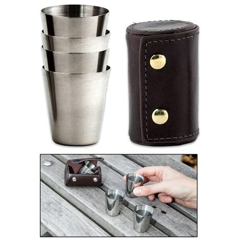 4pc Kikkerland Stainless Steel Shot Glass 1oz Metal Glasses Leather Case Bar Party