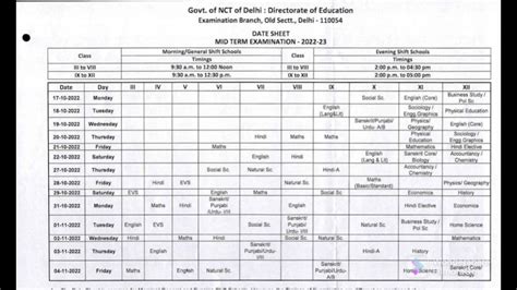 Date Sheet Mid Term Examination 2022 23 Date Sheet By Govt Of NCT Of