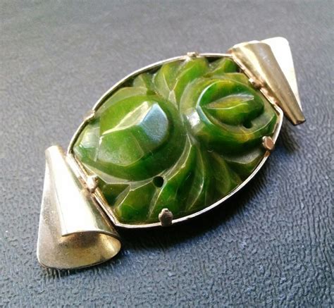 Antique Art Deco Carved BAKELITE Spinach Green Flower Swirl Brooch Pin