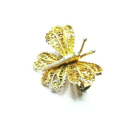 Vintage Gold Vermeil Silver Filigree Butterfly Brooch Pin