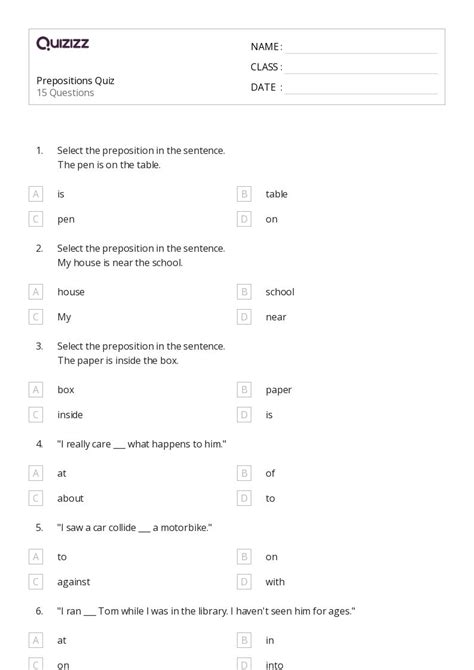 50 Prepositions Worksheets For 5th Grade On Quizizz Free And Printable