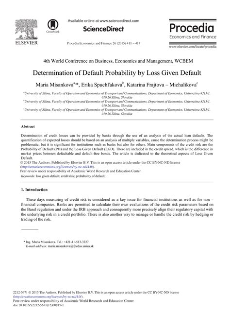 Pdf Determination Of Default Probability By Loss Given Default
