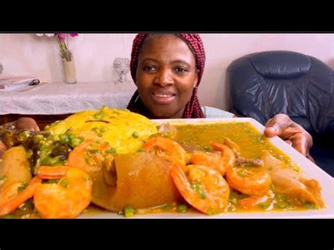 African Food Mukbang Cow Skin Shrimp Okra Soup With Fufu Bang Eating