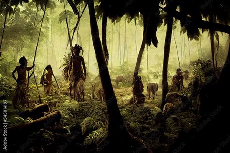 Indigenous Tribe People Of The Amazonian Tribes In A Tropical Jungle