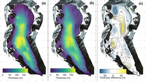 A Interpolated Ice Thickness From Gpr Measurements Dots In The Three