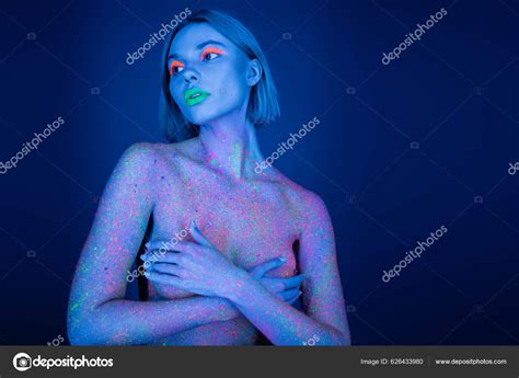 Naked Woman Neon Makeup Bright Paint Splashes Covering Bust Hands Stock Photo AllaSerebrina