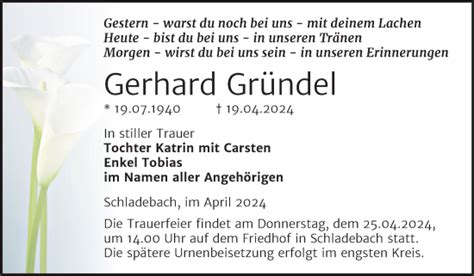 Traueranzeigen Von Gerhard Gr Ndel Abschied Nehmen De