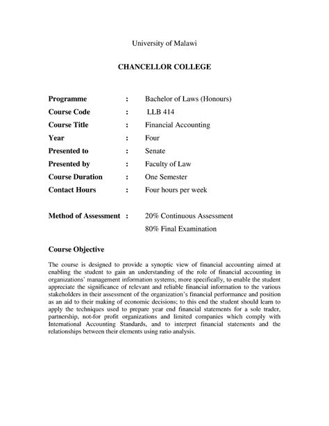 Course Outline - University of Malawi CHANCELLOR COLLEGE Programme ...