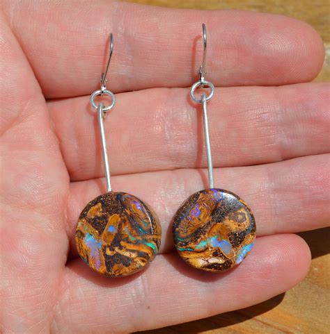 Large Silver Boulder Opal Earrings Australian Opal