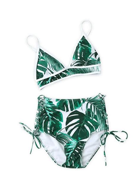 Green Leaf High Waist 2 Pcs Bikini Bathing Suits Leaf Print Bikini