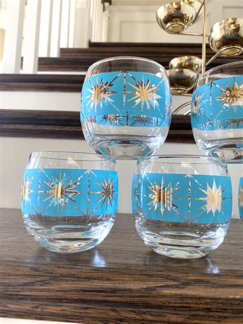 Atomic Starbust Glasses Caddy Set 8 Glasses Mid Century Turquoise Gold Glasses Atomic