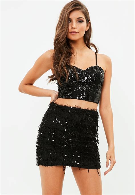 Lyst Missguided Black Tassel Sequin Mini Skirt In Black