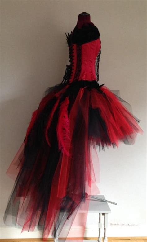 Red Black Peacock Feather Skirt And Corset Etsy Alt Dresses Short