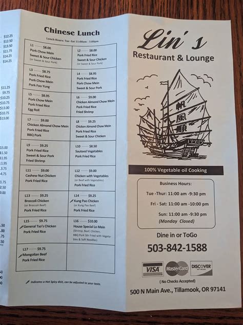 Menu at Lin's Restaurant, Tillamook