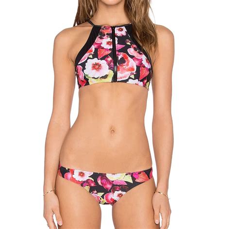 Women Retro Floral Print Zipper Bikini Set Halter High Neck Vintage