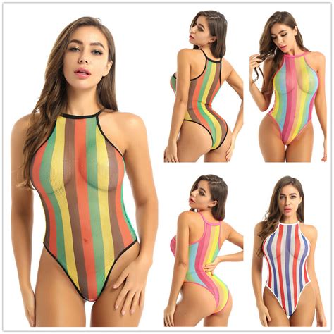 Damen Transparent Badeanzug Monokini Fischnetz Bikini Streifen Bodysuit Sexy EBay