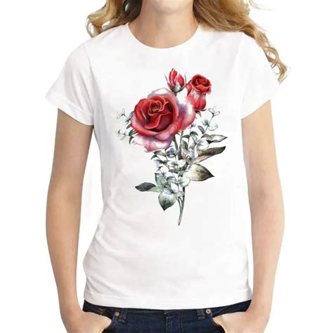 Fashion Design Romantic Rose Flower T Shirt Women Short Sleeve