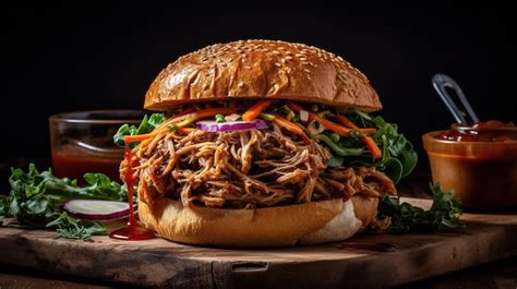 Premium Ai Image A Pulled Pork Sandwich On A Wooden Board