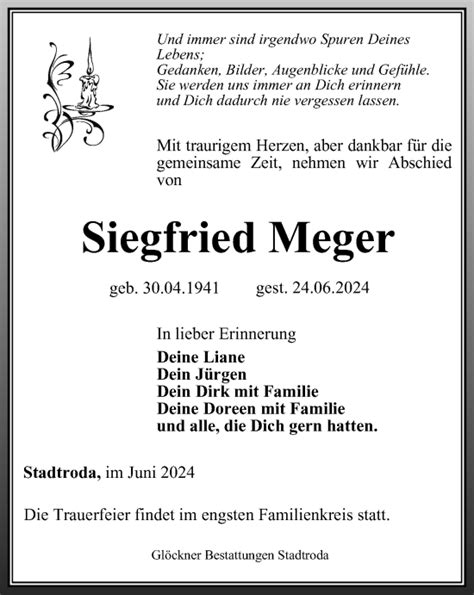 Traueranzeigen Von Siegfried Meger Trauer In Thueringen De